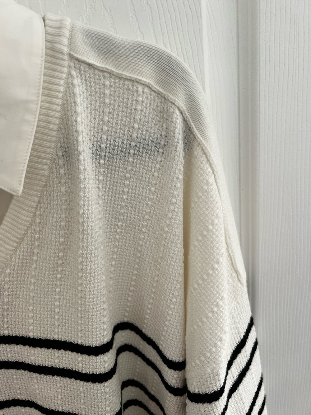 Adrianna Papell White V-Neck Layered Sweater with Black Stripes - Picture 10 of 14